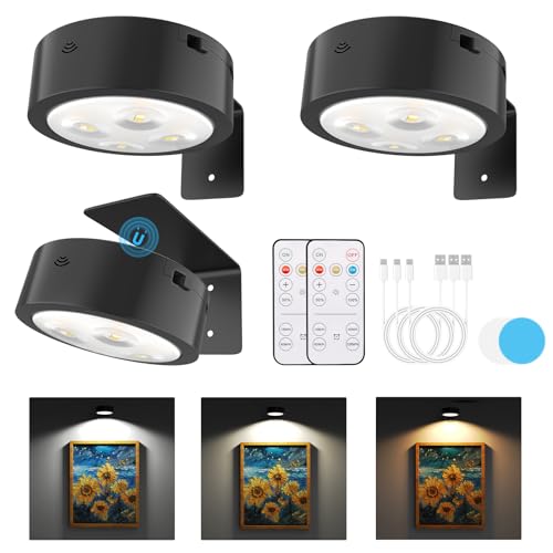 Narotood Picture Lights for Wall, Rechargeable Battery Magnetic Poster Lights with 3 Color Temps, Remote and Dimmable Timer Art Display Light for Picture Artworking Frame Portrait (3-Pack) - color: Black, size: 3 Pack