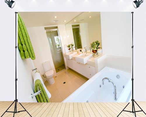 Trykid 12x10ft Bright Modern Bathroom with Double Vanity Backdrop Interior Photography Clean Fresh Spa Room Background Tapestry Bathroom Themed Party Decoration Photo Studio Prop Fabric - size: 12x10ft