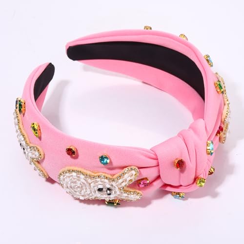 NVENF Easter Headbands for Women Beaded Easter Rabbit Bunny Headband White Pink Crystal Pearl Knotted Hairband Happy Accessories Spring Holiday Headwear Outfits Gifts (Bunny B - Pink) - color: Bunny B - Pink