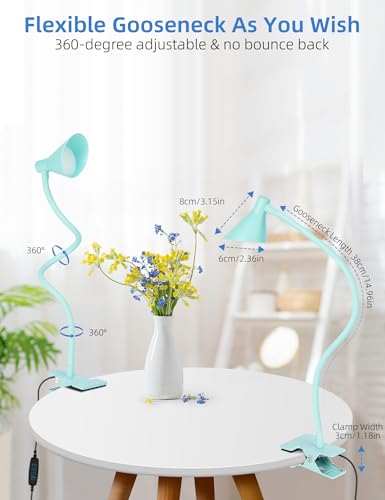 LiFMIRA Reading Light for Bed, Clip-on Desk Lamp with Flexible Neck, 3 Color Modes & 10 Dimmable Brightness, Teal - color: Teal