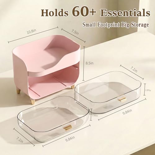 Makeup Organizer for Vanity with Large Smooth Drawers Extra Large Skincare Organizer for Bathroom Countertop and Dresser, Crystal Clear Cosmetic Storage Display Case for Beauty Products - color: Pink