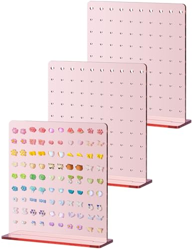 NiHome Acrylic Earring Stand 3PCS, Exquisite Double-Sided Acrylic Earring Organizer with 90 Holes Each - Lightweight and Sturdy Material, Unique Design with Larger Holes for Special Sizes - color: Rose Gold-Square Base