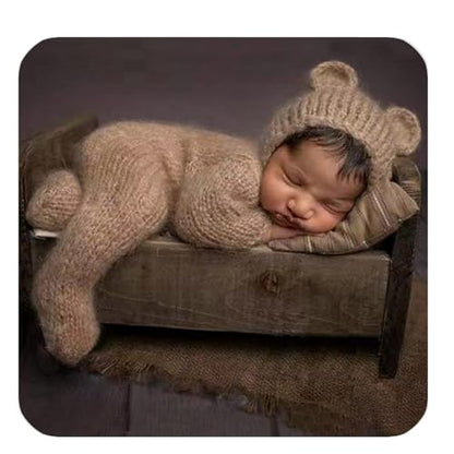 2Pcs Newborn Photography Props Boy Photo Posing Outfits Baby Photoshoots Girl Crochet Bear Hat Romper - color: Khaki