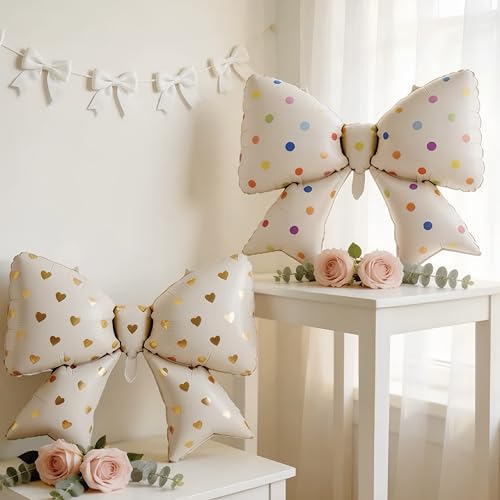 4Pcs White Bow Balloons Decor 38 Inch with Colorful Polka Dots/Cute Birthday Decorations for Girls, Sweet 16, Baby Shower, Bachelorette Party, Graduation, Carnival Party Photo Booth Backdrop - color: White Polka Dots