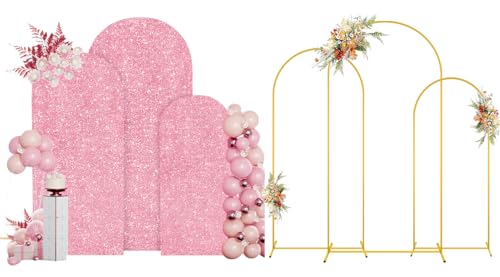 MODFUNS Metal Arch Backdrop Stand and Cover Set 6&6.6&7.2ft Pink Gold Sequins Arch Backdrop Covers Set of 3 Arched Stands Chiara Arches Cover for Party Banquet Wedding Ceremony Decor - color: Pink Gold, size: 6&6.6&7.2FT-Set