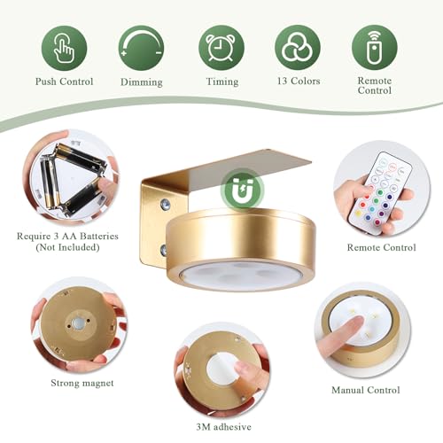 2-Pack Picture Light Battery Operated Painting Lights, 13 Color RGB Magnetic LED Display Art Light with Remote, Dimmable and Timer Portrait Light for Art Frame Artworking, Wall Decor Puck Light, Gold - color: Gold RGB 2 Pack