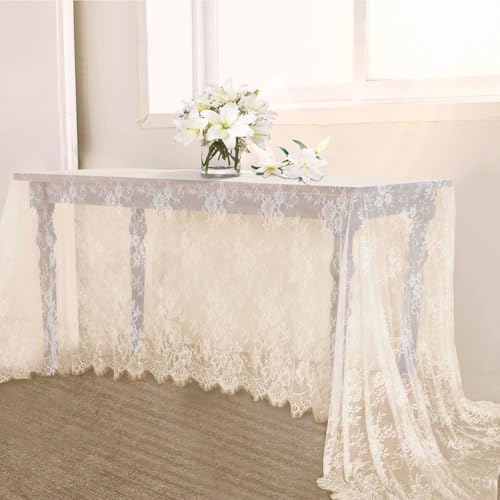 B-COOL Ivory Lace Tablecloth 60 X120 Inches Rectangle Vintage Embroidered Bridal Wedding Tablecloths Sheer Overlay for Rustic Outdoor Party Reception Home Decor - color: Ivory, size: 60" x 120" (1 Piece Rectangle)