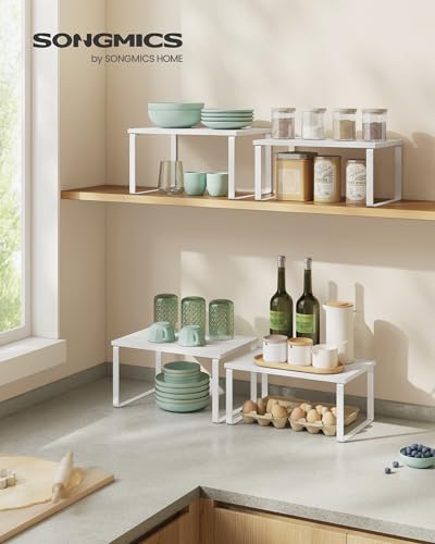 SONGMICS Cabinet Organizer Shelf, Set of 2 Kitchen Counter Shelves, Kitchen Storage, Spice Rack, Stackable, Expandable, Metal and Engineered Wood, Cloud White and Snow White UKCS02W01 - color: Cloud White + Snow White, size: 11.7"W