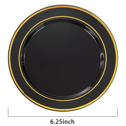 bUCLA 200PCS Black and Gold Plastic Plates - 6.25inch Black with Gold Rim Disposable Dessert/Salad/Appetizer/Small Cake Plates - Ideal for Party & New Year - color: 6.25Inch-200pcs-Black Gold