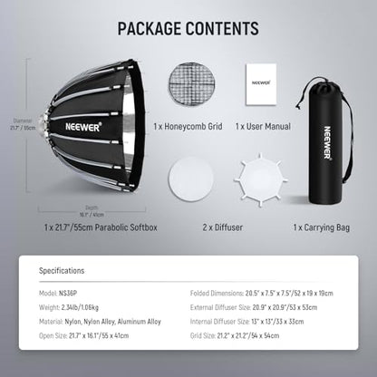 NEEWER Basics Parabolic Softbox Kit, 21.7" Quick Release Bowens Mount Soft Box Light Diffuser Compatible with Godox Compatible with Aputure 600d Studio Photography Video Recording Lighting, NS36P - style: 21.7"/55cm Parabolic