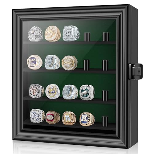 Championship Ring Display Case, Lockable Baseball Ring Holder with 20 Posts, Wooden Shadow Box Wall Mount for Multiple Rings - size: 20 Posts-Rectangle