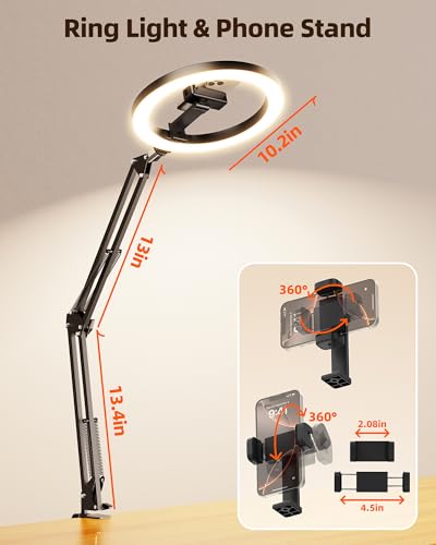 Ring Light for Desk, Overhead Phone Mount with 10" Selfie Light with Stand, Luxsure Phone Tripod with Light for Recording, Streaming, Vlogging, TikTok YouTube Creator Essentials with Bluetooth Control