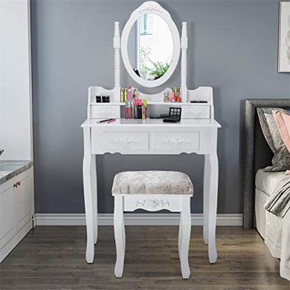 Giantex Vanity Table Set with Oval Mirror and 4 Drawers, Makeup Dressing Table with Cushioned Stool, Wooden Makeup Table for Bedroom Bathroom Girls Women, White - color: White, style: 4 Drawers