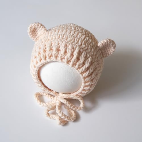 Zeroest Newborn Photography Outfits Boy Girl Bear Props Baby Photoshoot Crochet Bonnet Stuffed Animals for Newborn Photo - color: Beige