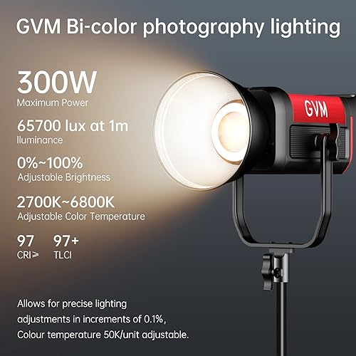 GVM Photography Lighting 300W Bi-Color Studio Lights with 45°Standard Reflector 65700Lux@1m CCT 2700~6800K 12Lighting Scenes App Control LED Video Light - color: video light