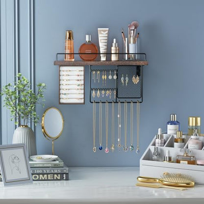 Lolalet Wall Mounted Hanging Jewelry Organizer with Wood Shelf, Wall Jewelry Holder with Hooks for Ring Earring Bracelets Necklaces Display -Brown