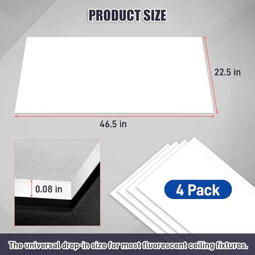 4 Pack Fluorescent Light Diffuser Panel for Drop Ceiling Light, 46.5" x 22.5" x 0.08" Matte PC Frosted Translucent Replacement Flat Sheet for Classroom Office Home Hospital (White)