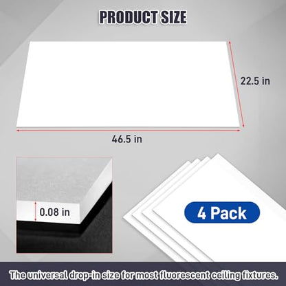 4 Pack Fluorescent Light Diffuser Panel for Drop Ceiling Light, 46.5" x 22.5" x 0.08" Matte PC Frosted Translucent Replacement Flat Sheet for Classroom Office Home Hospital (White)