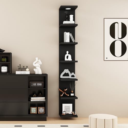 LitaEther Versatile 7 Tier Wall Shelf Unit,Black Lack Wall Shelf,Display Floating Shelf with LED Remote Control Light - color: Black, size: 7 Tier