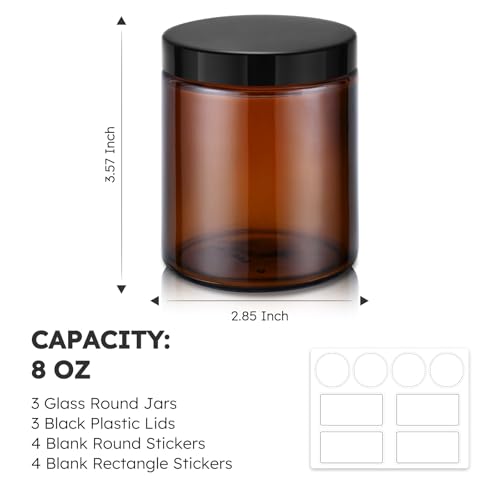 Tecohouse 8oz Amber Glass Jars with Lids, 3 Pack Candle Jars with Blank Labels, 250g Wide Mouth | Lotion Container for Sample, Cream, Lotion, Honey, Powder, Jelly | Home & Beauty - color: Amber-Black Lids