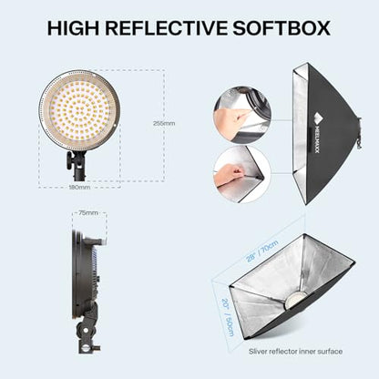 Softbox Photography Lighting Kit, 2Pcs 25" x 28" 75W COB LED Softbox with Remote, 2700K-5600K, Adjustable Light Stands & Gel Filters, Portable Photography & Video Kit for Studio Lights