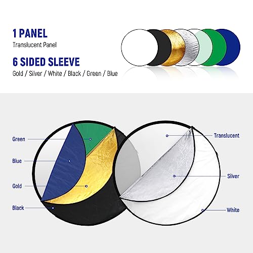 NEEWER 43"/110cm Photography Reflector, 7 in 1 Light Reflector Diffuser - Chroma Key Blue/Green Screen, Translucent/Silver/Gold/White/Black, RF-110A