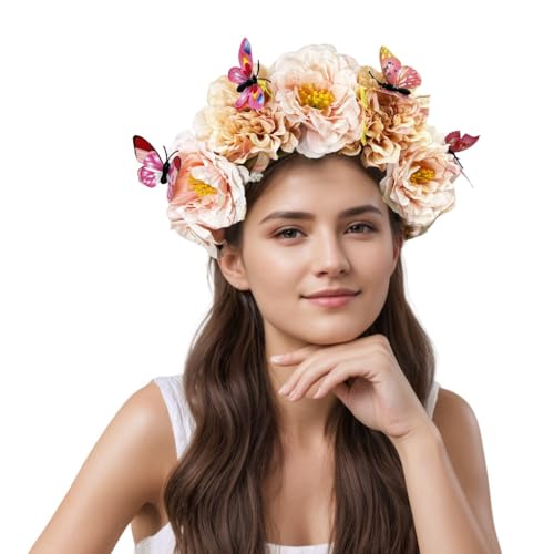 Elegant Butterfly Flower Headband for Women Boho Handmade Rose Floral Crown Wedding Bridal Festivals Cosplay Prom Photo Props Headpiece (B4 pink, Adjustable) - color: B4 pink