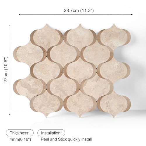 10 Sheet Arabesque Peel and Stick Backsplash Tile, Stick on Backsplash for Kitchen and Bathroom Wall, Beige Stone Look PVC Mixed Metal Aluminum - color: Beige Stone Mixed Metal Rose Gold