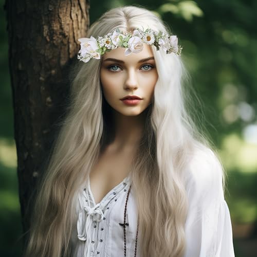 Women Flower Crown Wedding Floral Headband Flower Halo Floral Crown Bridal Party Cosplay Halloween Photos - color: beige white