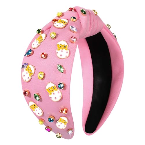 boderier Easter Headbands for Women Girls Easter Egg Headband Crystal Jewel Embellished Wide Knotted Headband Spring Holiday Easter Accessories (Cute Egg-Pink)