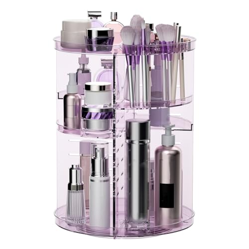 Rotating Makeup Organizer for Vanity, DIY Adjustable Tray Spinning Skincare Organizers Countertop, Cosmetic Display Case with Perfume Tray Brush Holder, Bathroom Desk Corner Storage Carousel Rack - color: Clear Purple