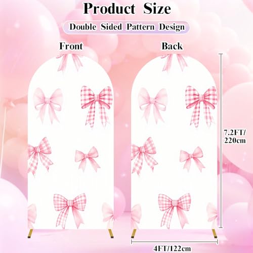 7.2FT Wedding Arch Backdrop Cover Cute Pink Checkered Bows Watercolor Seamless White for Children s Spandex Fitted Fabric Round Top Stretchy Stand Covers for Baby Shower Birthday Party Decoration - color: Color10, size: 7.2x4 FT