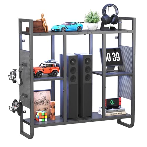 MAHANCRIS LED Gaming Floating Shelves, 3-Tier Wall Mounted Shelf for Wall Storage, Pipe Shelves Hanging Display Rack, with 2 Controller Hooks, for Gaming Room Decor, Kitchen, Home Bar Black FSHS142E01