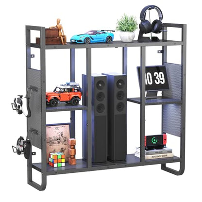 MAHANCRIS LED Gaming Floating Shelves, 3-Tier Wall Mounted Shelf for Wall Storage, Pipe Shelves Hanging Display Rack, with 2 Controller Hooks, for Gaming Room Decor, Kitchen, Home Bar Black FSHS142E01