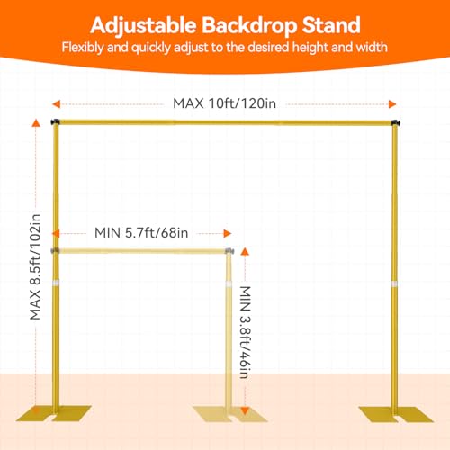 Heavy Duty Backdrop Stand, 8.5ft x 10ft Pipe and Drape Backdrop Stand Kit with Metal Flat Base, Adjustable Background Support System for Wedding Party Birthday Photoshoot Decoration - Gold - color: Gold, size: 8.5x10ft