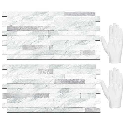 STICKGOO 20 Sheets Peel and Stick Backsplash Tile, Stick on Backsplash for Kitchen and Bathroom, Volakas White Look PVC Mixed Metal Silver Self Adhesive Wall Tiles - color: Volakas White + Metal Silver
