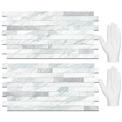 STICKGOO 20 Sheets Peel and Stick Backsplash Tile, Stick on Backsplash for Kitchen and Bathroom, Volakas White Look PVC Mixed Metal Silver Self Adhesive Wall Tiles - color: Volakas White + Metal Silver