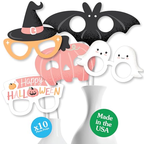 Big Dot of Happiness Pastel Halloween Glasses and Masks - Paper Card Stock Pink Pumpkin Party Photo Booth Props Kit - 10 Count