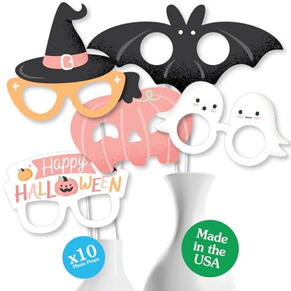 Big Dot of Happiness Pastel Halloween Glasses and Masks - Paper Card Stock Pink Pumpkin Party Photo Booth Props Kit - 10 Count