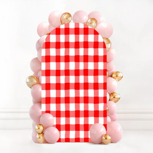 7.2FT Wedding Arch Backdrop Cover Red White Gingham Seamless Checkered Texture for Picnic Blanket Spandex Fitted Fabric Round Top Stretchy Stand Covers for Baby Shower Birthday Party Decoration - color: Color5, size: 7.2x4 FT