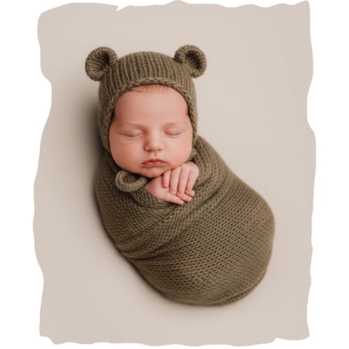 Baby Photography Props Infant Boy Girl Outfits - Crochet Knit Mohair Wrap Blanket & Bear Hat for Newborn Photo Shoots (Brown) - color: Brown