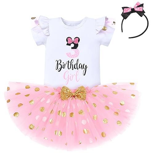 IBTOM CASTLE Cake Smash Half 1st 2nd 3rd Birthday Girl Princess Polka Dots Ruffle Skirt Set ONE Party Costume Headband - color: Pink-3rd, size: 3T