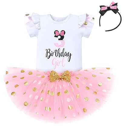 IBTOM CASTLE Cake Smash Half 1st 2nd 3rd Birthday Girl Princess Polka Dots Ruffle Skirt Set ONE Party Costume Headband - color: Pink-3rd, size: 3T