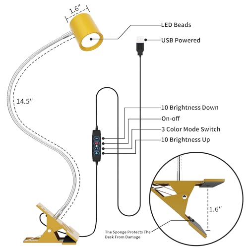 Dott Arts Desk Lamp,USB Clip On Light with 3 Color Modes,LED 10 Levels Brightness Reading Lamp, 360° Gooseneck Book Light,Eye-Care Reading Light for Home Office,Headboards Gold, DA-3.5W-01 - color: Dark Yellow