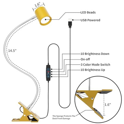 Dott Arts Desk Lamp,USB Clip On Light with 3 Color Modes,LED 10 Levels Brightness Reading Lamp, 360° Gooseneck Book Light,Eye-Care Reading Light for Home Office,Headboards Gold, DA-3.5W-01 - color: Dark Yellow