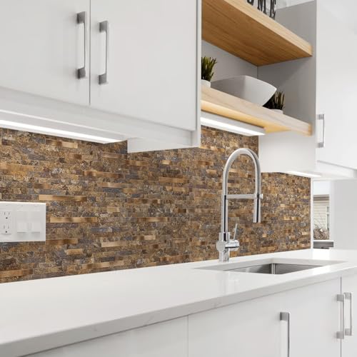 Peel and Stick Backsplash Tile, 10 Sheets Rustic Stone Look PVC Wall Tiles, Dark Rust and Gold Self Adhesive Backsplash for Kitchen and Bathroom, Waterproof Heat Resistant - color: Yellow Rust Stone