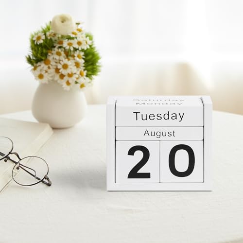 Wooden Block Calendar for Desk, Daily Desktop Perpetual Desk Calendar, Cute Date Display Blocks Desk Accessory for Home Office Decor, Teacher, Classroom, Reusable Yearly, White - color: White