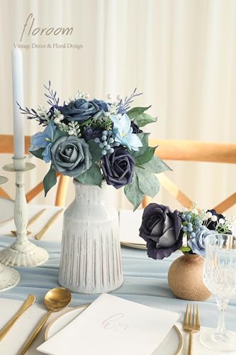 Floroom Artificial Greenery Stems Box Set, 59pcs with 8 Kinds of Faux Greenery Flowers Picks for DIY Bridal Bouquets Wedding Floral Arrangement Table Centerpieces, Navy & Dusty Blue - color: Navy & Dusty Blue