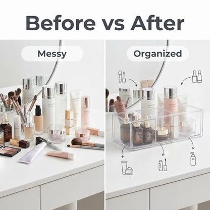 2-Layer Clear Acrylic Vanity Organizer with Adjustable Dividers, Stackable 3-Compartment Storage Box for Makeup, Hair Accessories, Skincare, Bathroom, Desk - 8.07" x 3.94" x 2.76"