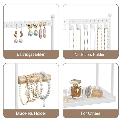 3 Tier white Jewelry Stand, Necklace Organizer, Earring Holder with 44 Holes and 9 Hooks, for Necklaces, Bracelets, Rings - color: White